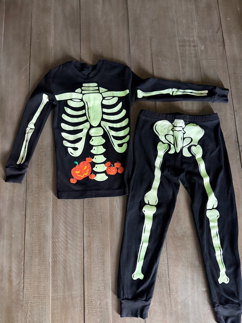 Kids' Black Skeleton Set with Pumpkin Accents—Glow in the Dark
